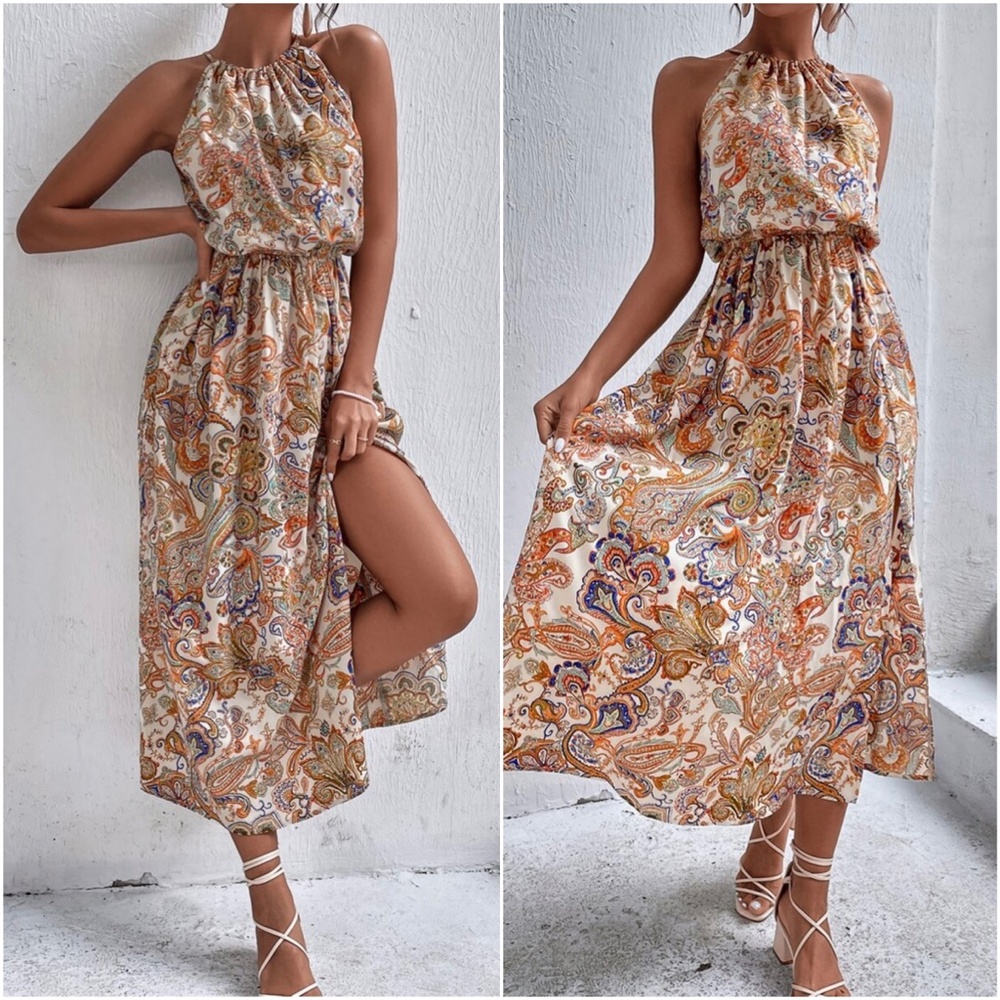 Boho Paisley Floral Print Halter Maxi Dress - Picture 2 of 3